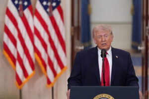 U.S. President Donald Trump delivers an address to the nation about the Iran war at the White House in Washington