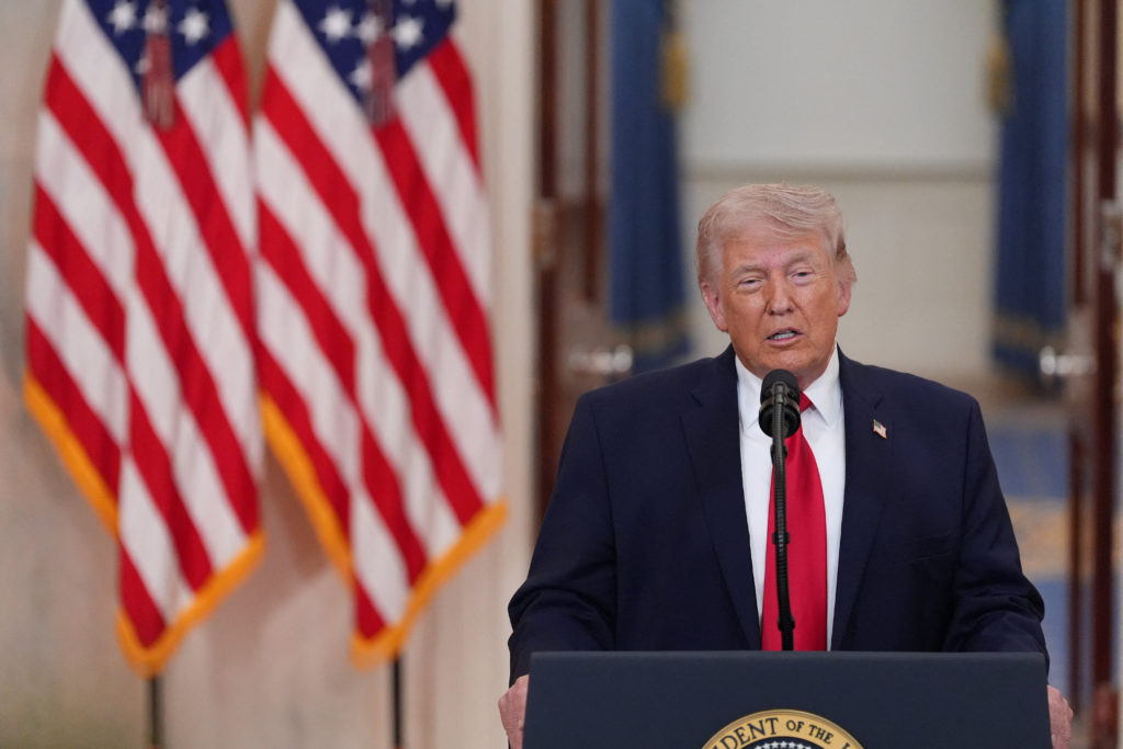 U.S. President Donald Trump delivers an address to the nation about the Iran war at the White House in Washington