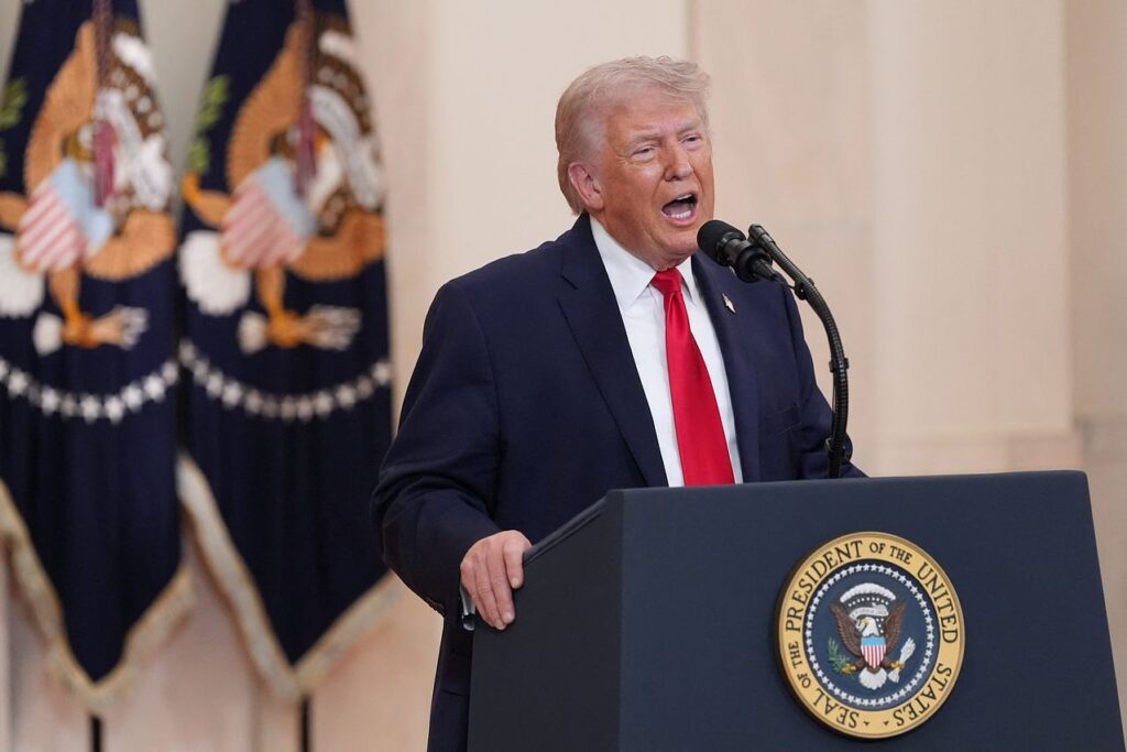 U.S. President Donald Trump delivers an address to the nation about the Iran war at the White House in Washington