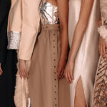 Women dressed in beige outfits dresses and skirts, fashion collection of women's elegant clothes